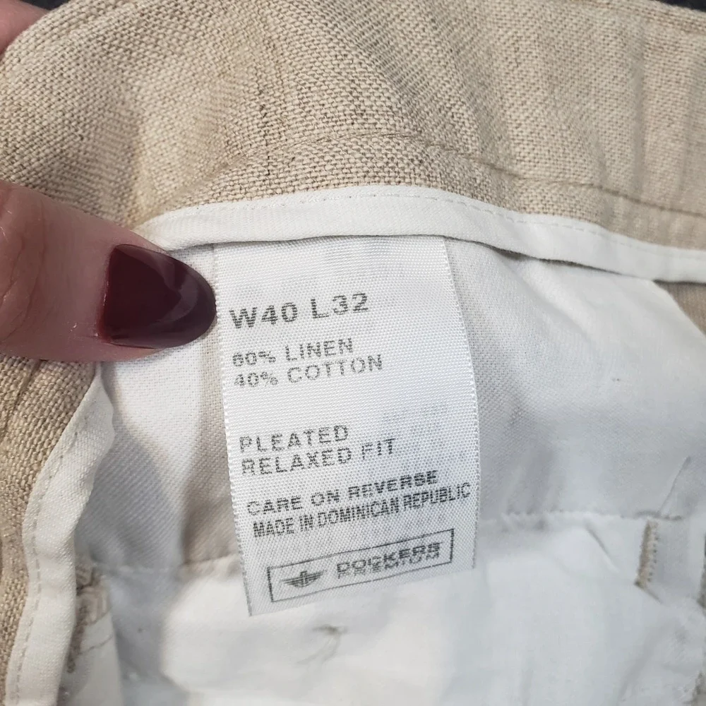 Dockers Trousers Mens W40 L32 Beige Linen Cotton Pleated Relaxed Fit